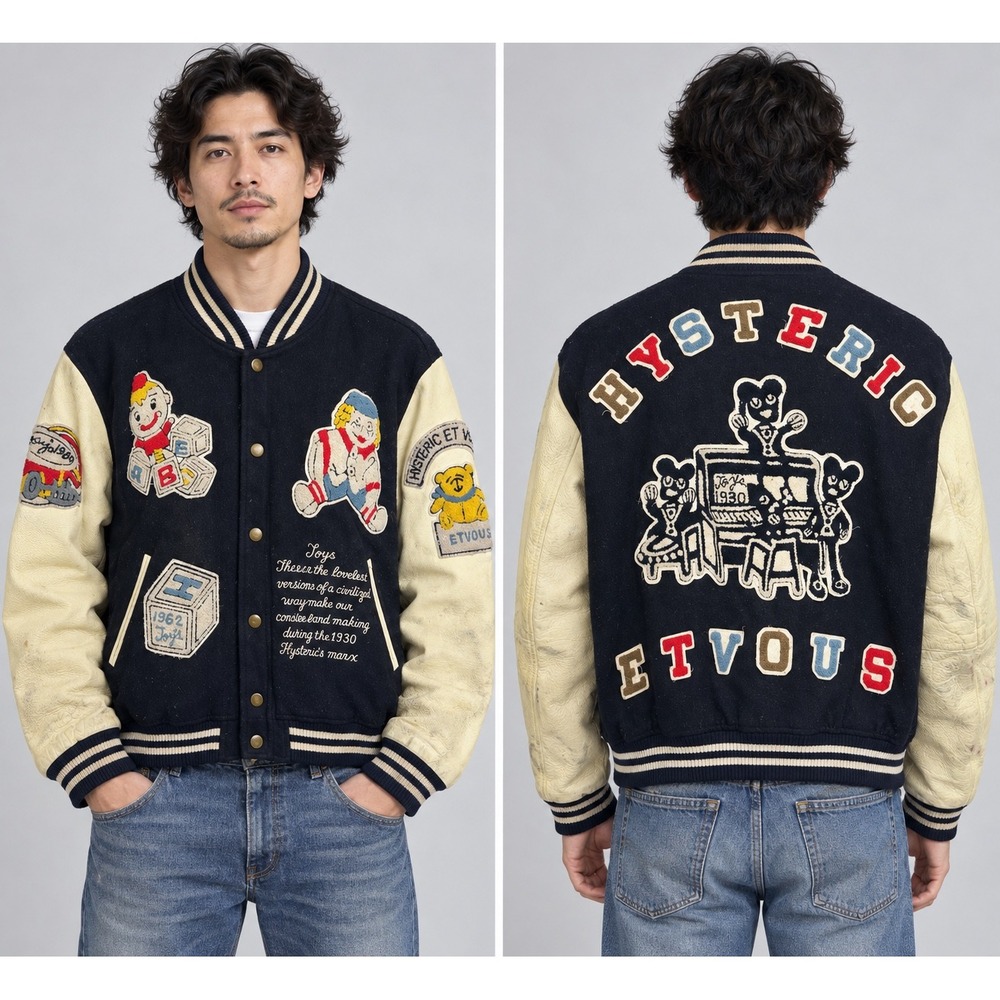 Hysteric Et Vous Paris Vintage Varsity Jacket Leather Sleeve Patchwork Black L